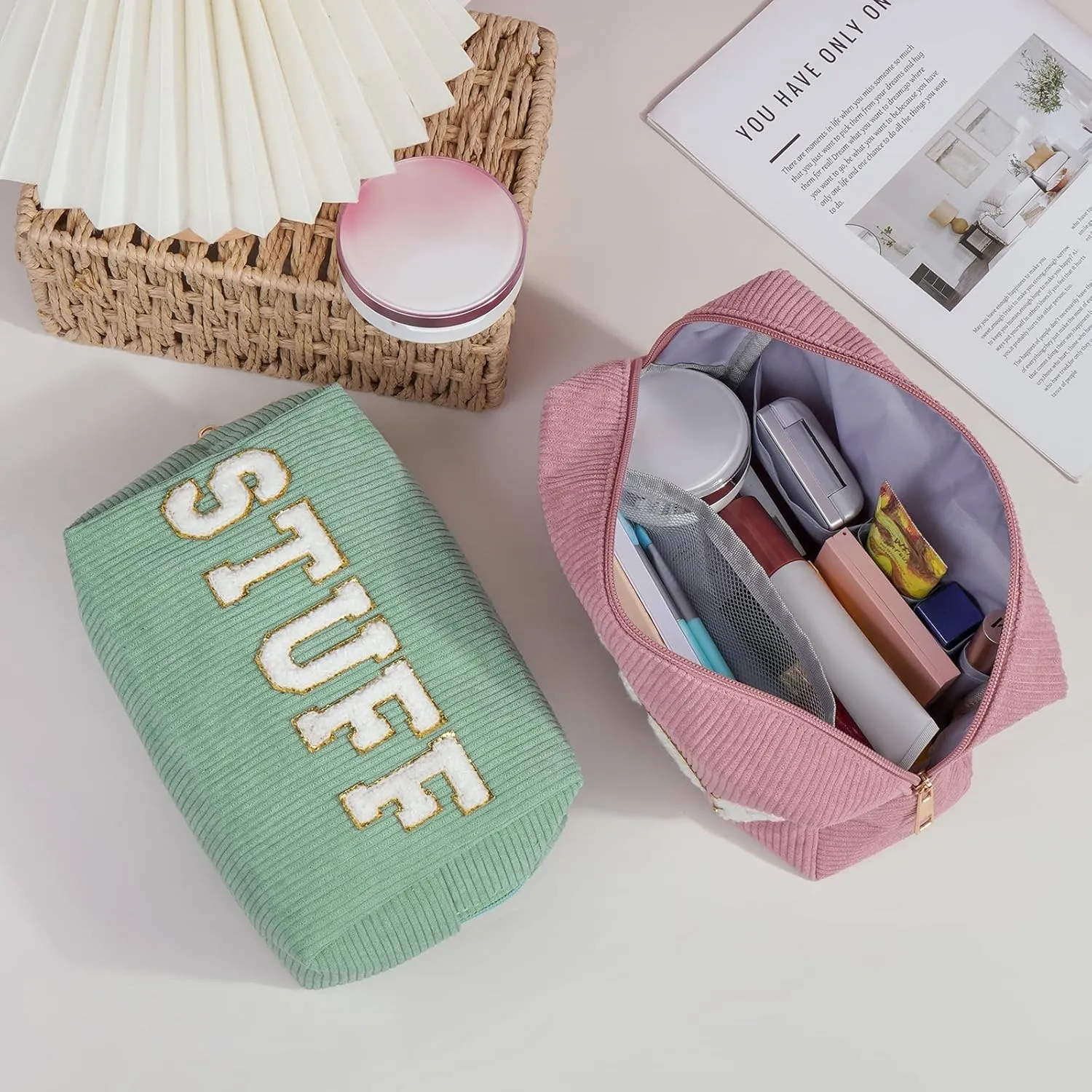 MAGEFY Makeup Bag Corduroy 2 Pcs Cosmetic Bags for Women Preppy Small Makeup Bag with Chenille Letter Patch Makeup Pouch Pink FACE & Green STUFF