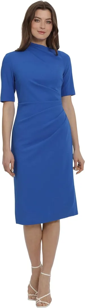 Maggy London Women's Side Pleat Dress with Asymmetric Neck and Elbow Sleeves