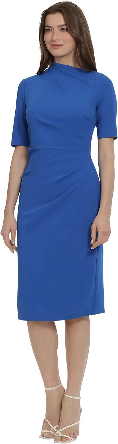 Maggy London Women's Side Pleat Dress with Asymmetric Neck and Elbow Sleeves
