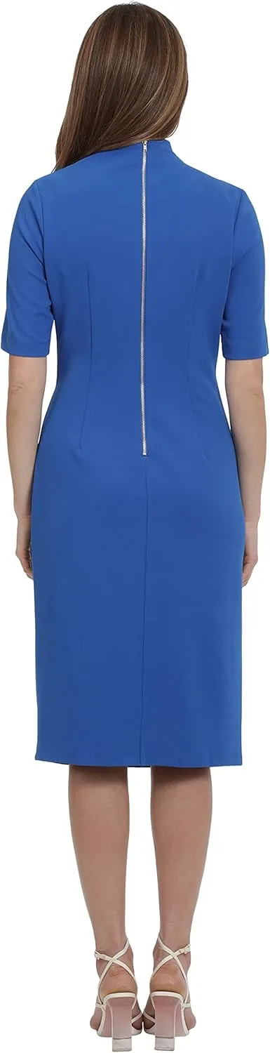 Maggy London Women's Side Pleat Dress with Asymmetric Neck and Elbow Sleeves