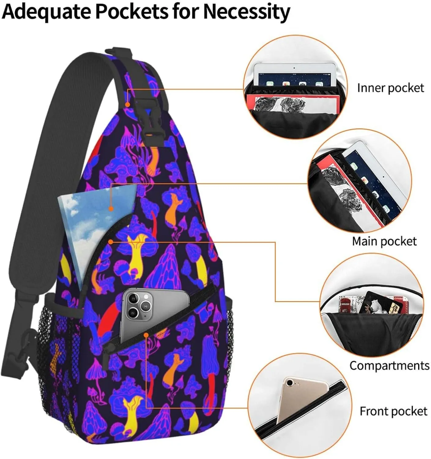 Magic Mushrooms Chest Sling Bag Crossbody Shoulder Backpack Bag Gym Cycling Daypack Travel Hiking Cross Bag