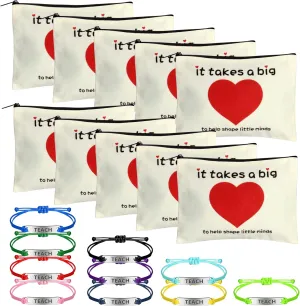 MAIAGO 20PCS Teacher Appreciation Gifts, 10PCS Makeup Pouch Cosmetic Bag and 10PCS Teach Blessing Card Bracelets for Thanksgiving Christmas Holiday Teacher Appreciation Gift Bulk