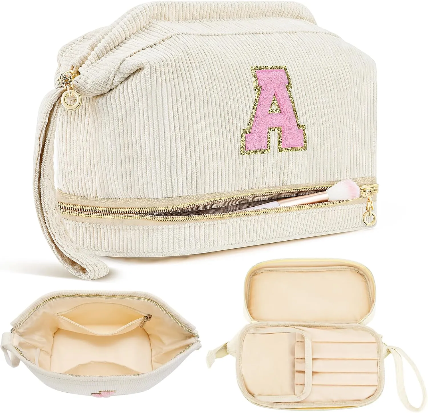 Makeup Bag for Girls Gift, Personalized Graduation Gifts Initial Women Makeup Bag for Travel, Teacher Appreciation Gifts Preppy Make up Bag Cosmetic Bag 18th Birthday Gifts for Teen Girl Trendy - A