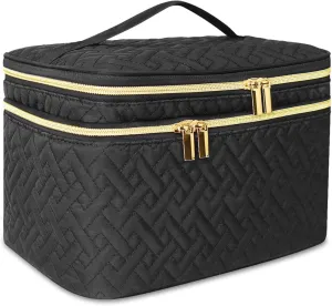 Makeup Bag Organiser for Women, Large Double Layer Cosmetic Make Up Bag with Brush Compartment, Portable and Water-Resistant Toiletry Bag Travel Essentials, Black