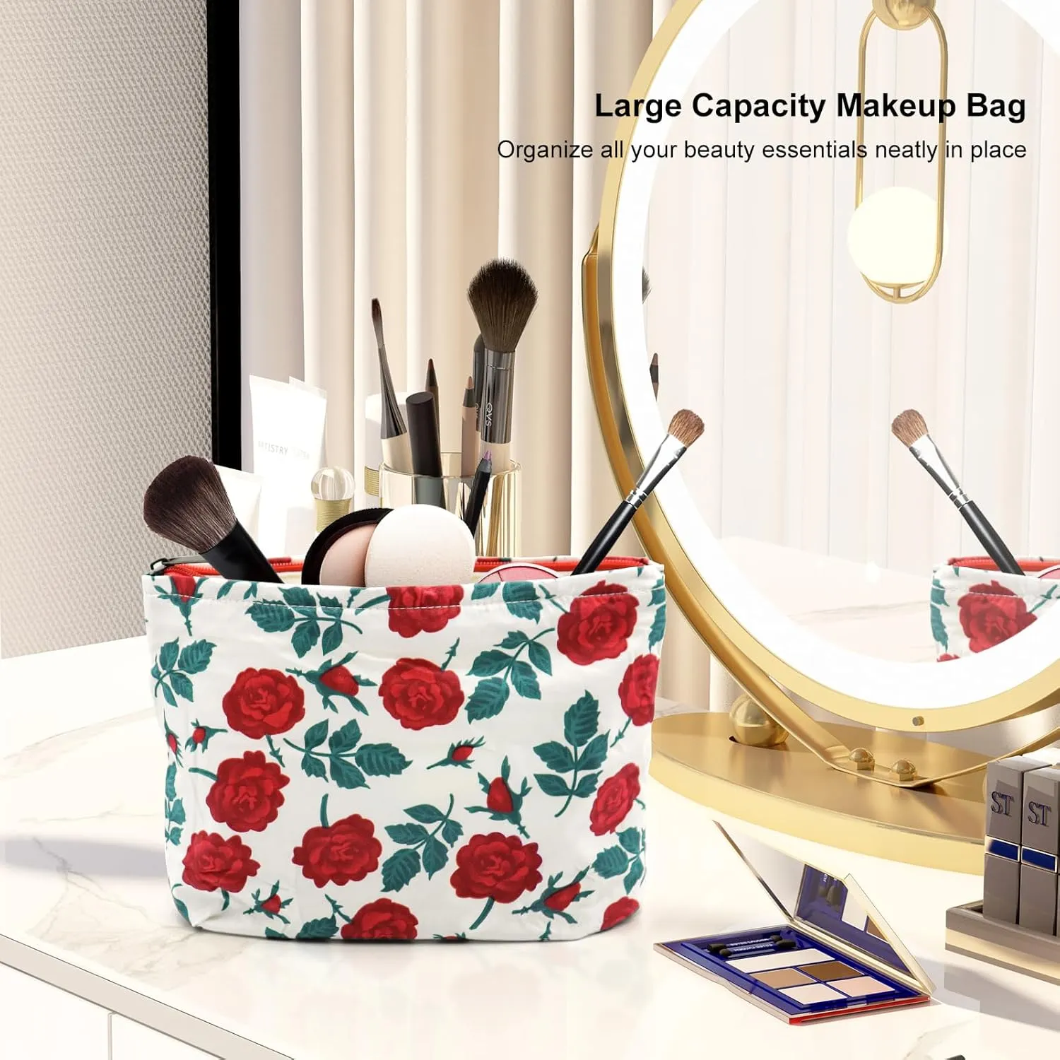 Makeup bag, Rose Flower Cosmetic Bags for Women Girls, Large Capacity Corduroy Makeup Bag, Aesthetic makeup bag, Cosmetic Organizer Bag Zipper Pouch