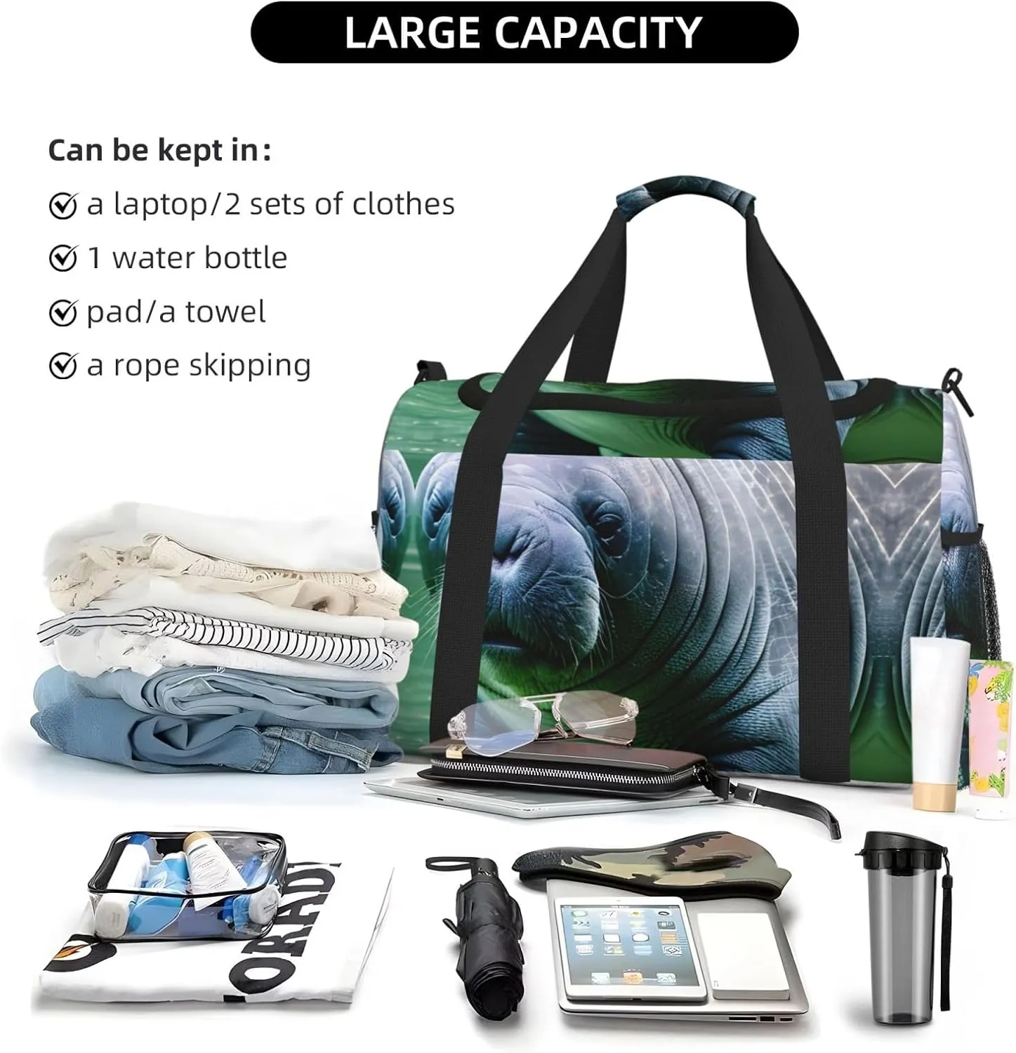 Manatee Animals Calf Travel Duffel Bag With Zippers And Handles, Big Foldable Duffle Bag For Family Vacations