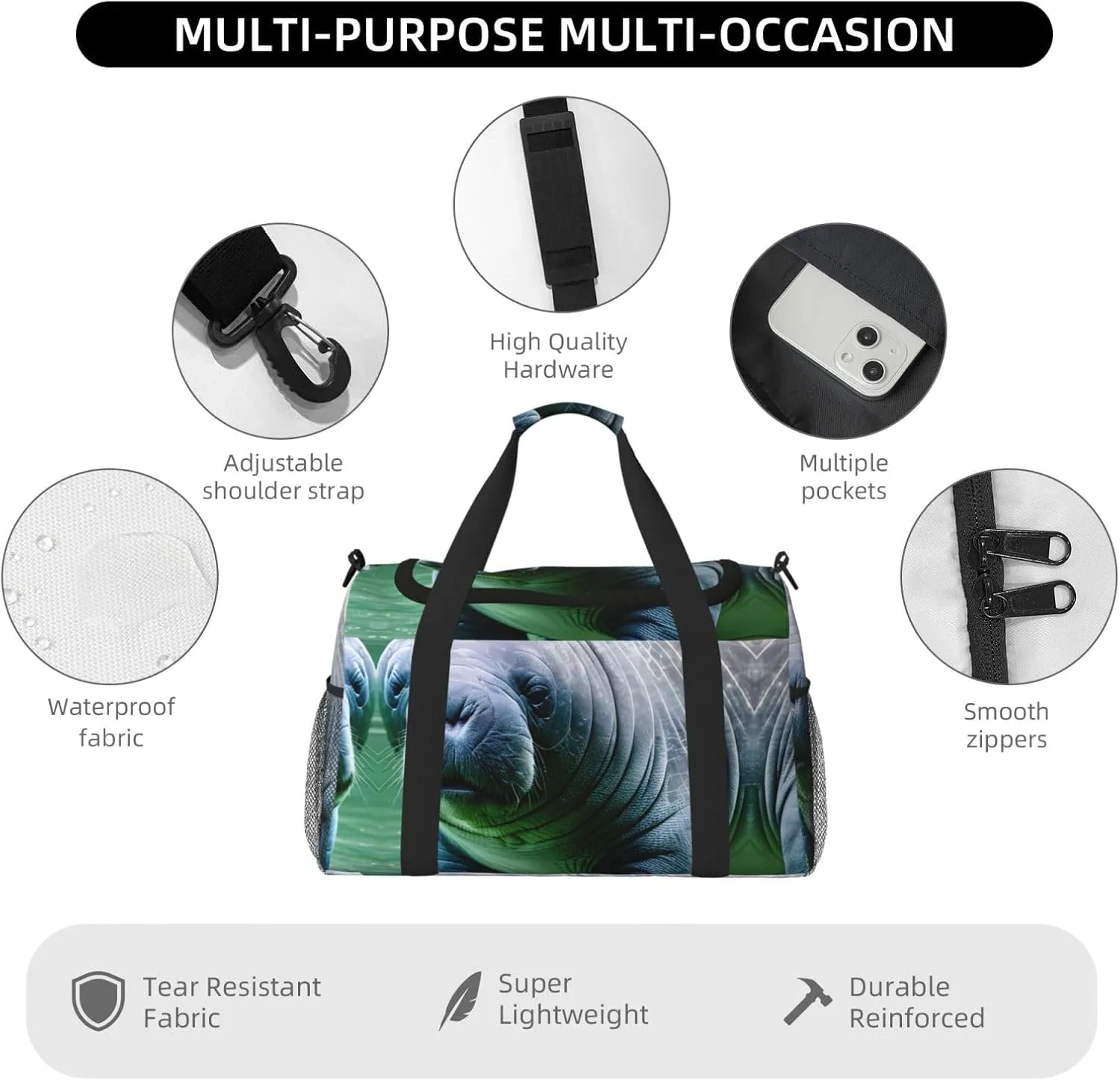 Manatee Animals Calf Travel Duffel Bag With Zippers And Handles, Big Foldable Duffle Bag For Family Vacations