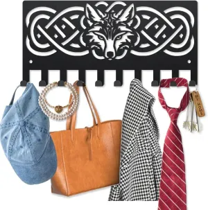 MAYJOYDIY Wolf Head Knot Metal Coat Hooks for Wall 9.8×4.7inch Knot Rope Animal Wall Mounted Key Rack 10 Hooks Wildlife Animals Black Art Key Holder for Coats Hats Towels Bags Keys Hanging