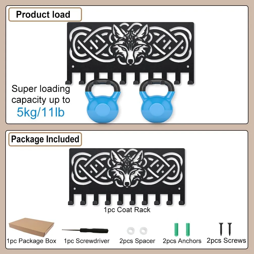 MAYJOYDIY Wolf Head Knot Metal Coat Hooks for Wall 9.8×4.7inch Knot Rope Animal Wall Mounted Key Rack 10 Hooks Wildlife Animals Black Art Key Holder for Coats Hats Towels Bags Keys Hanging