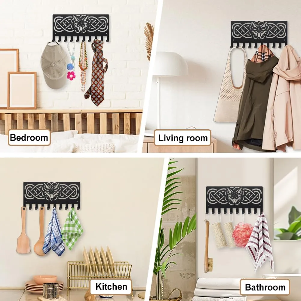 MAYJOYDIY Wolf Head Knot Metal Coat Hooks for Wall 9.8×4.7inch Knot Rope Animal Wall Mounted Key Rack 10 Hooks Wildlife Animals Black Art Key Holder for Coats Hats Towels Bags Keys Hanging