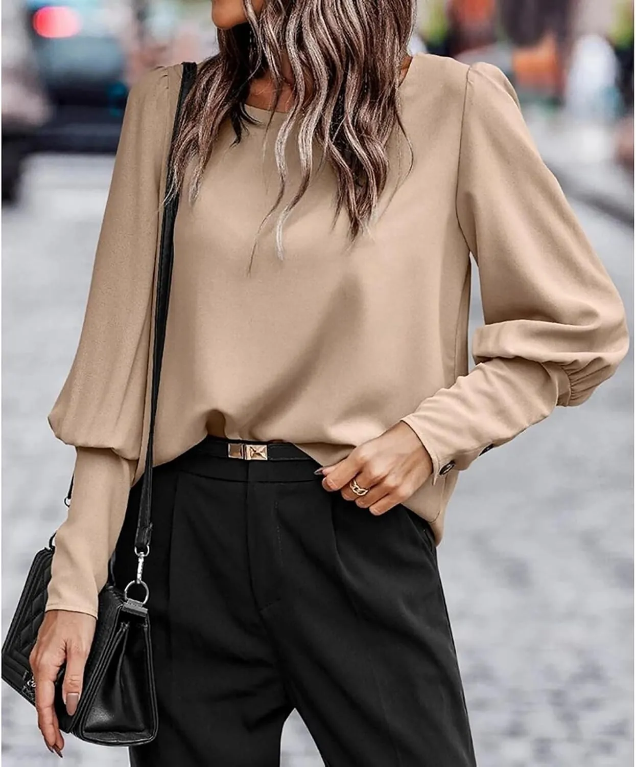 Mayntop Women Lantern Sleeve Top Round-Neck Solid Loose Shirt OL Work Elegant Blouse