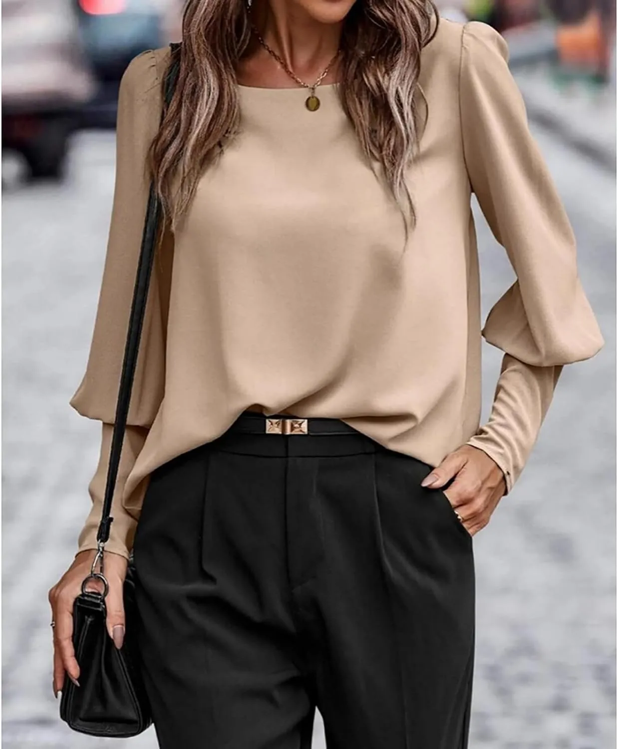 Mayntop Women Lantern Sleeve Top Round-Neck Solid Loose Shirt OL Work Elegant Blouse