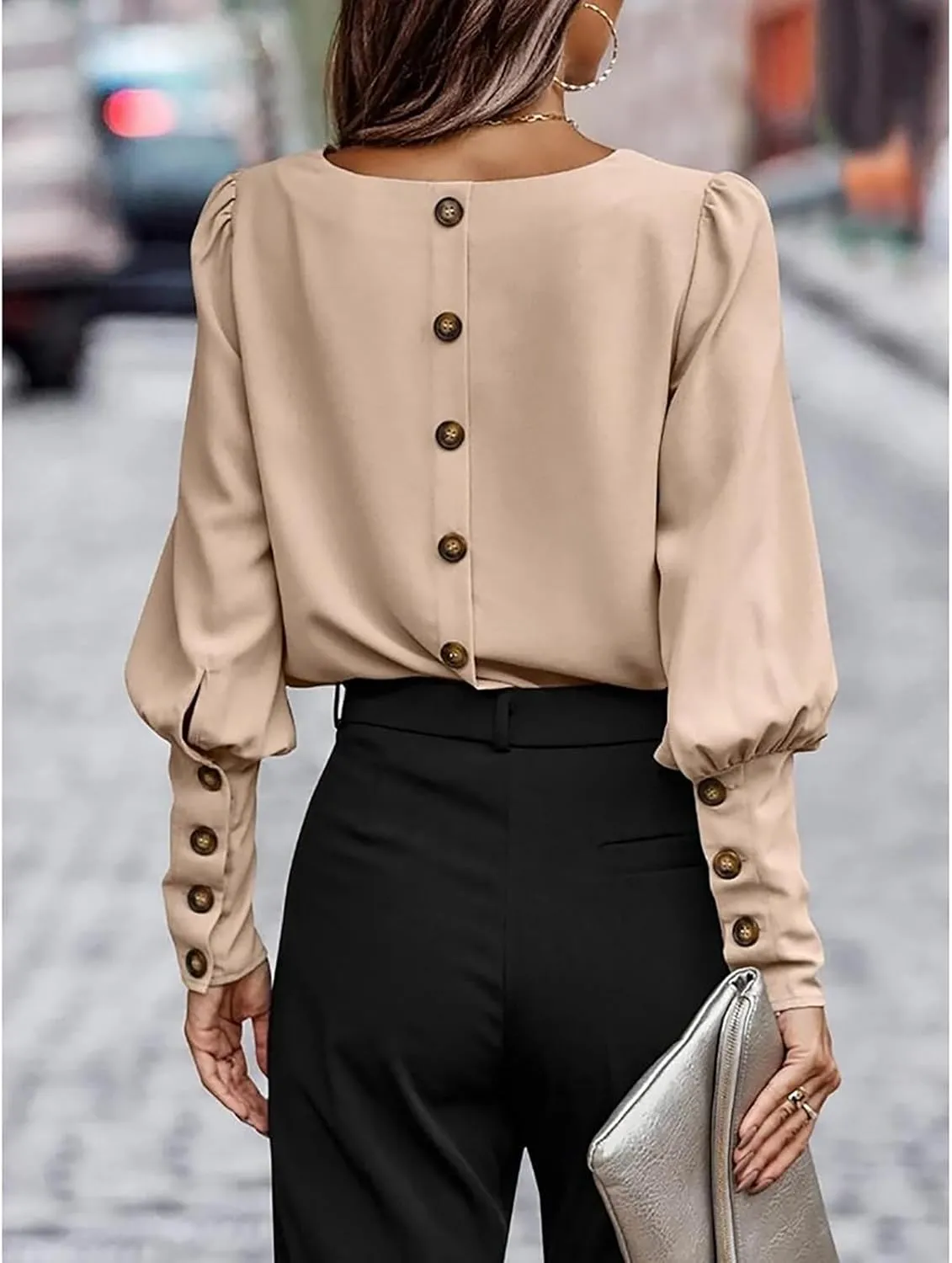Mayntop Women Lantern Sleeve Top Round-Neck Solid Loose Shirt OL Work Elegant Blouse