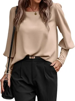 Mayntop Women Lantern Sleeve Top Round-Neck Solid Loose Shirt OL Work Elegant Blouse