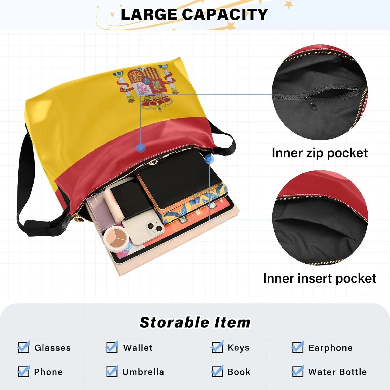 MCHIVER Flag Hobo Shoulder Bag for Women Men PU Leather Crossbody Bag Slouchy Tote Handbags for Working Shopping Traveling