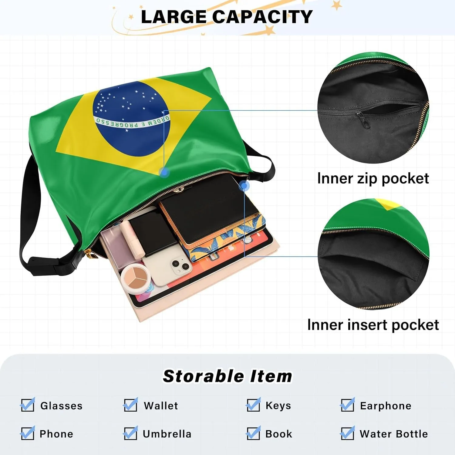 MCHIVER Flag Hobo Shoulder Bag for Women Men PU Leather Crossbody Bag Slouchy Tote Handbags for Working Shopping Traveling