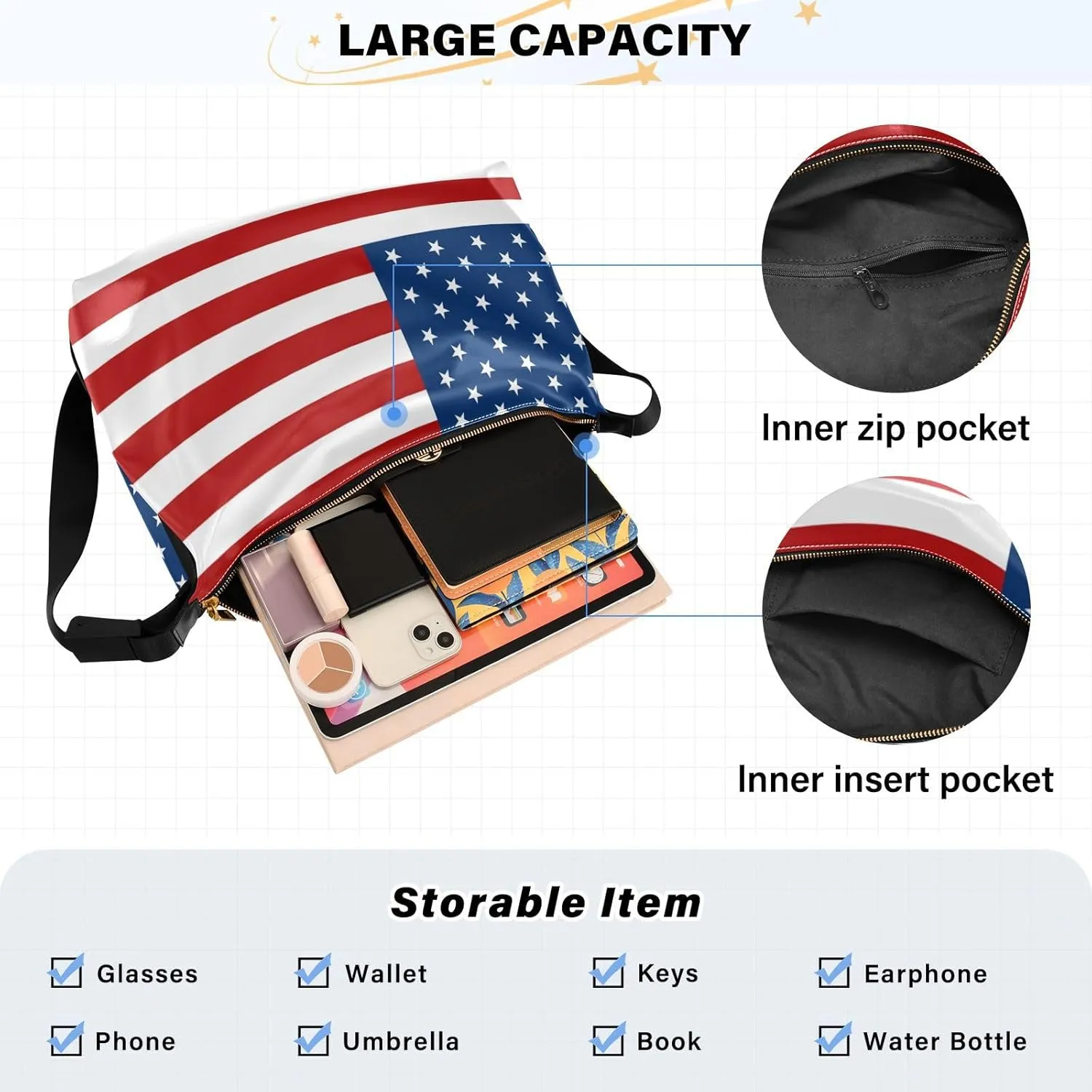 MCHIVER Flag Hobo Shoulder Bag for Women Men PU Leather Crossbody Bag Slouchy Tote Handbags for Working Shopping Traveling