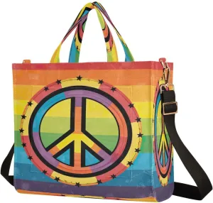 MCHIVER Rainbow Peace Sign Tote Bag for Women with Inner Zipper Pockets Corduroy Crossbody Shoulder Purse Satchel Bags for Wedding Travel Work 13.7 * 4.9 * 12.2IN
