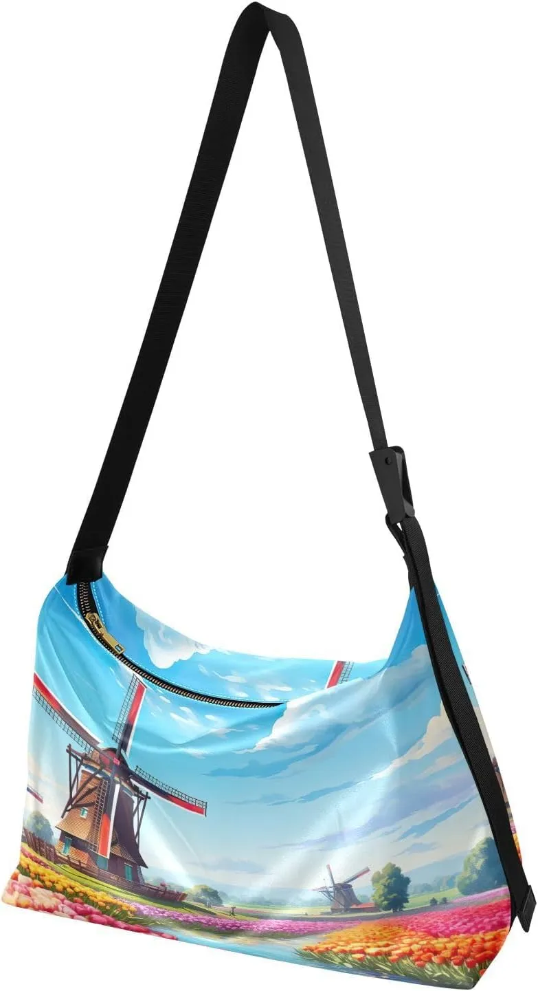 MCHIVER Tulip Flowers Windmill Hobo Shoulder Bag for Women Men PU Leather Crossbody Bag Slouchy Tote Handbags for Traveling Working Shopping