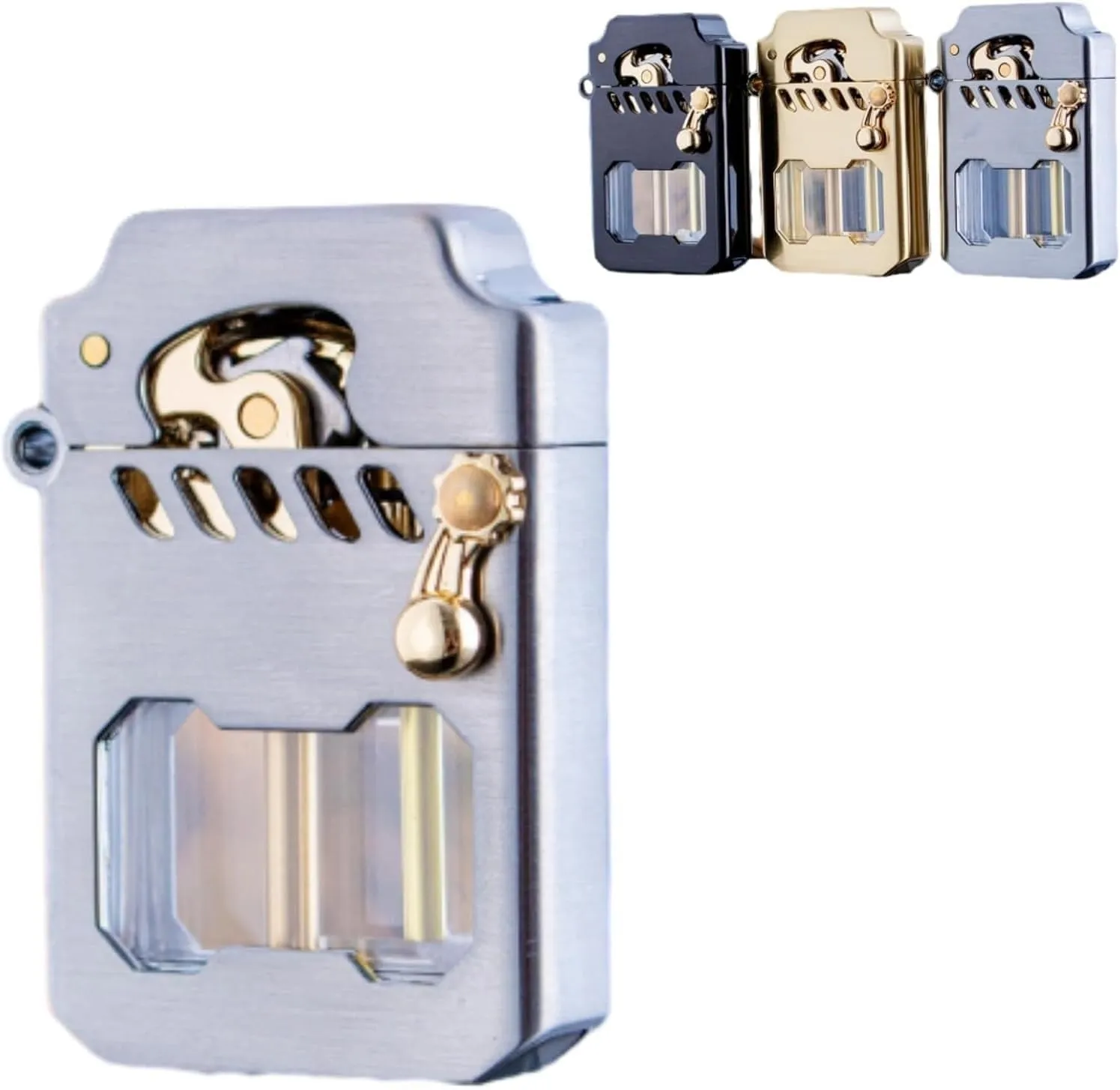 Mecha Metal Rocker, Retro Transparent Oil Tank Kerosene Lighter (Silver)