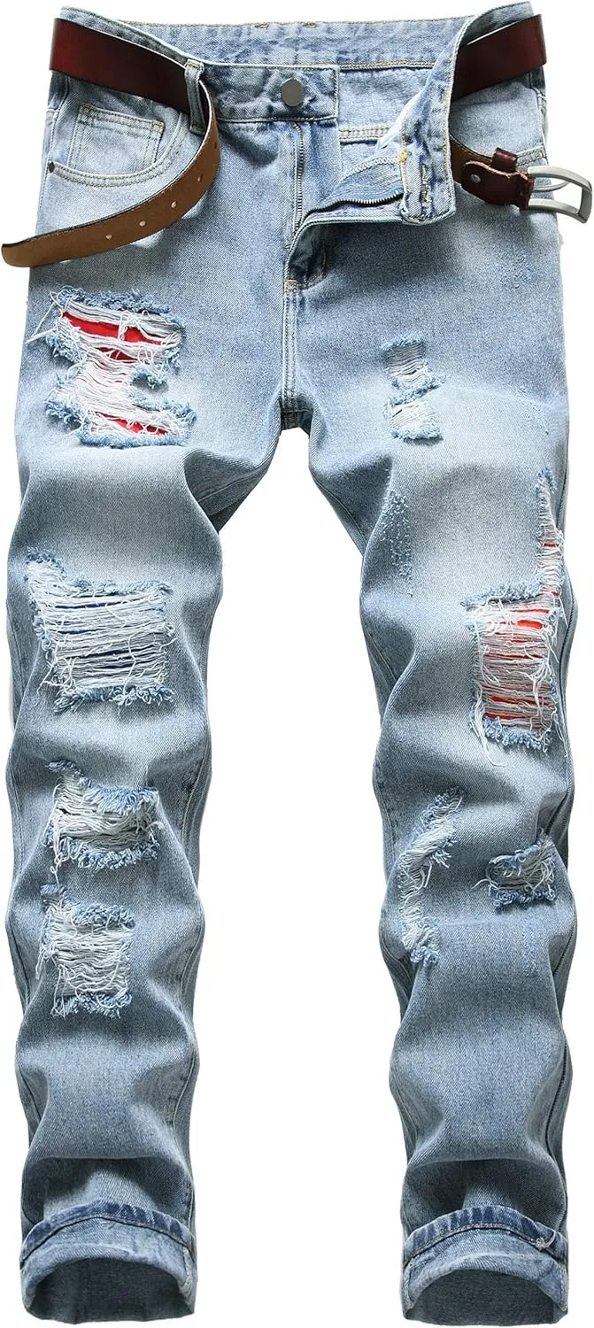 Men Ripped Jeans, Slim Fit Straight Leg, Denim Pants with Holes