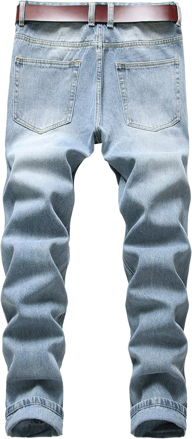 Men Ripped Jeans, Slim Fit Straight Leg, Denim Pants with Holes