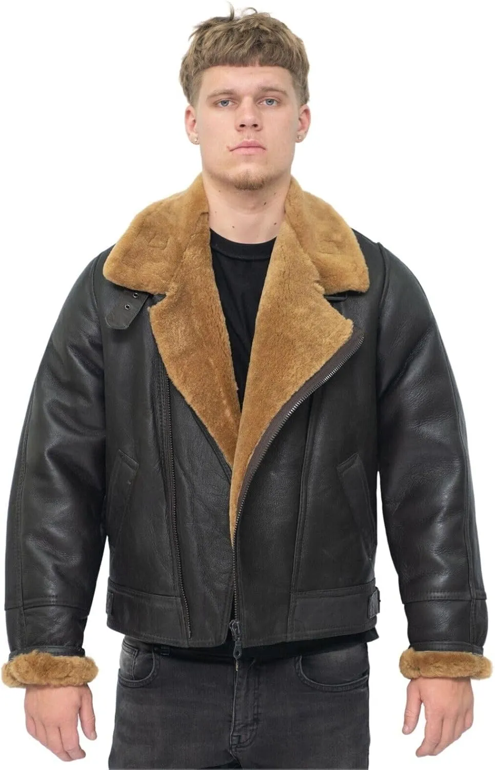 Men’s Aviator B3 Flying Cross Zip Shearling Leather Bomber Pilot Jacket
