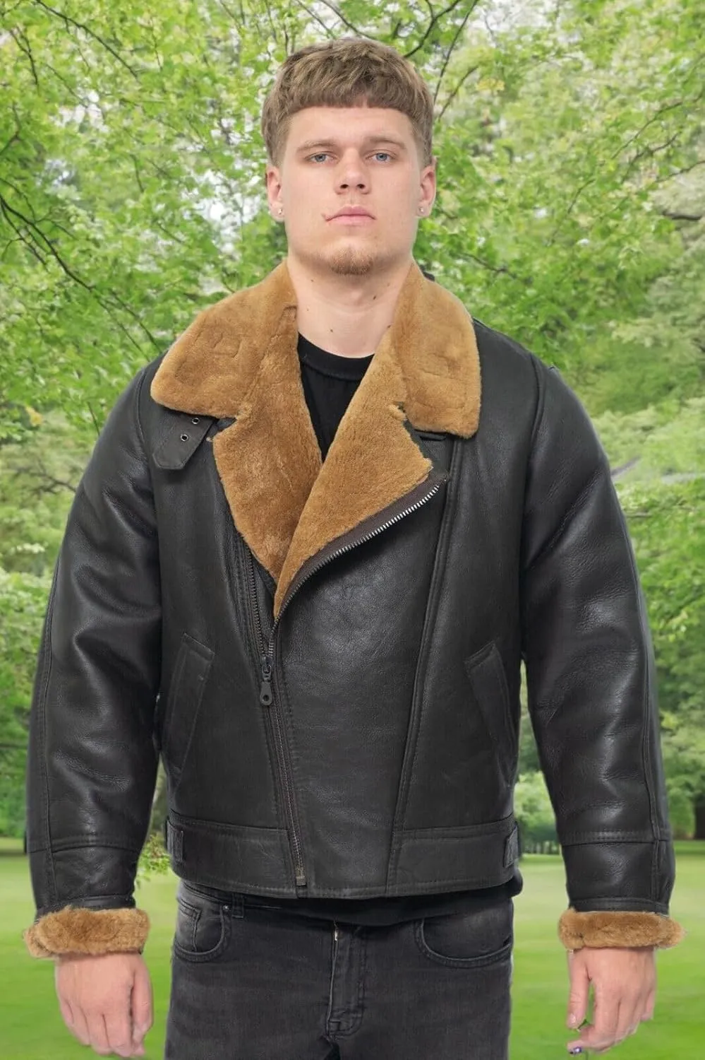Men’s Aviator B3 Flying Cross Zip Shearling Leather Bomber Pilot Jacket