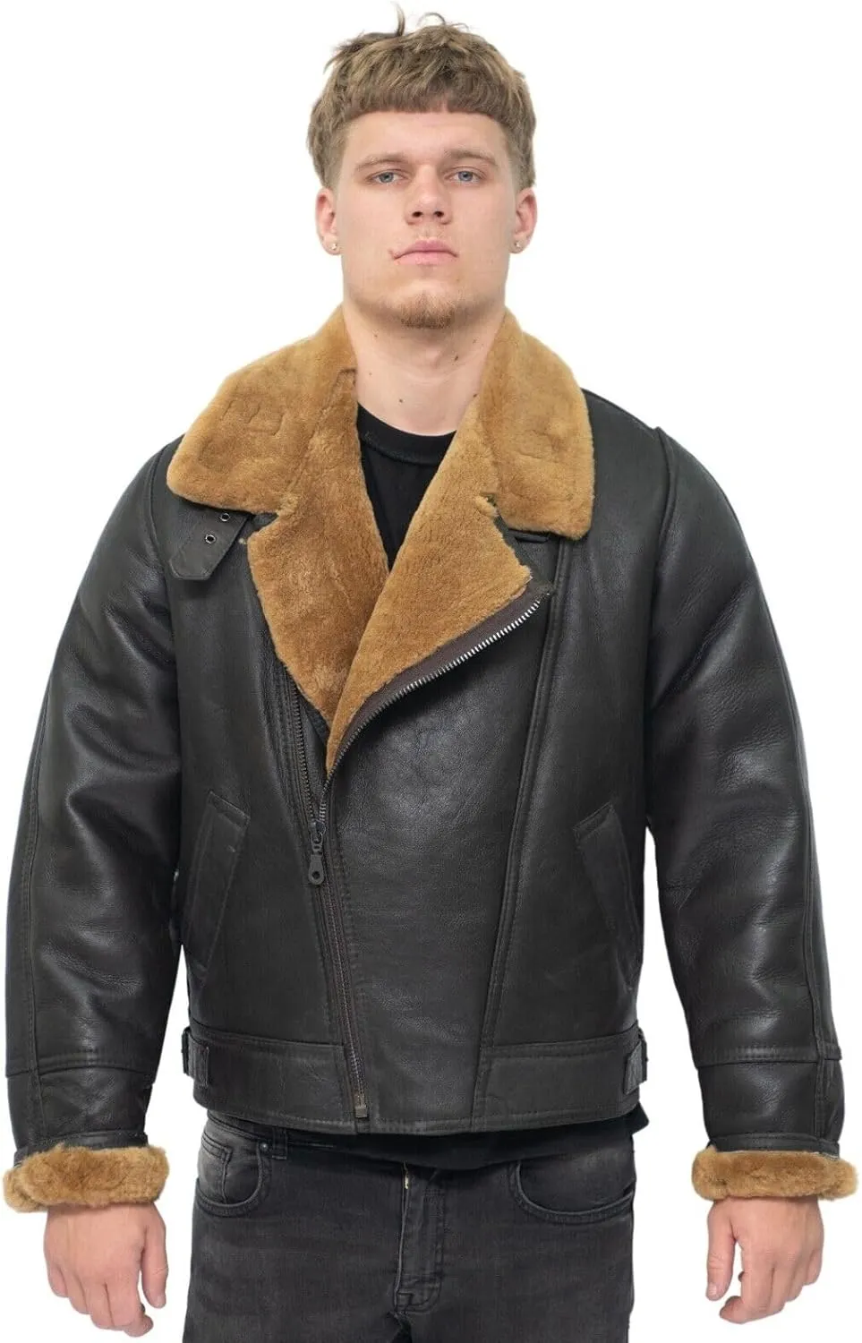 Men’s Aviator B3 Flying Cross Zip Shearling Leather Bomber Pilot Jacket
