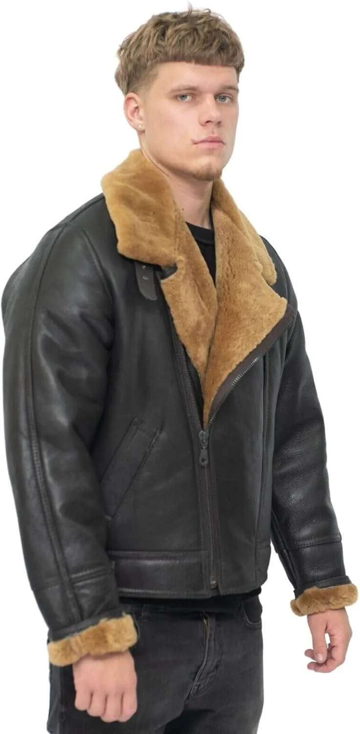 Men’s Aviator B3 Flying Cross Zip Shearling Leather Bomber Pilot Jacket