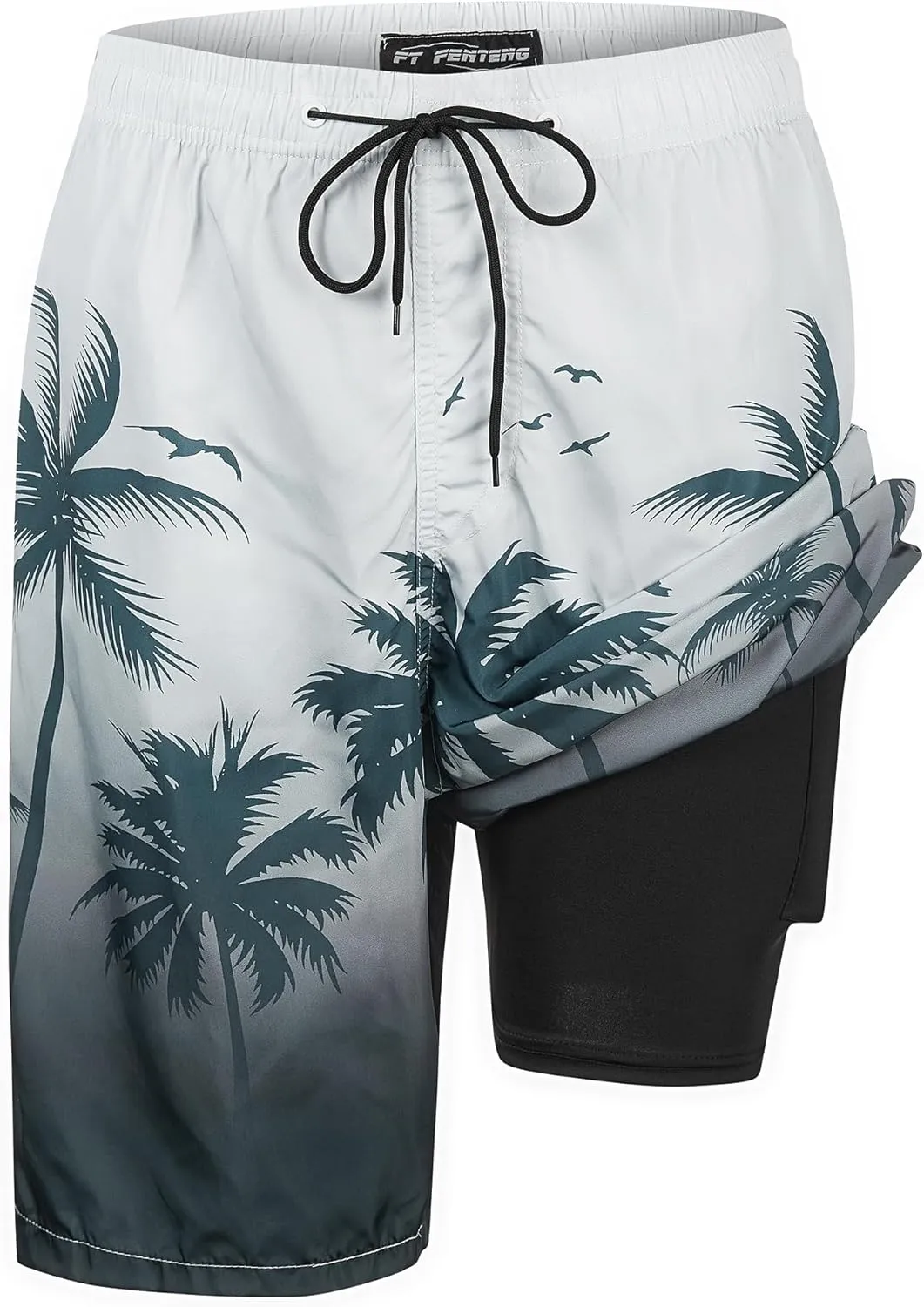 Mens Swim Trunks with Compression Liner 9" Built-in Board Shorts 2 in 1 Quick Dry Bathing Suits with Zipper Pockets