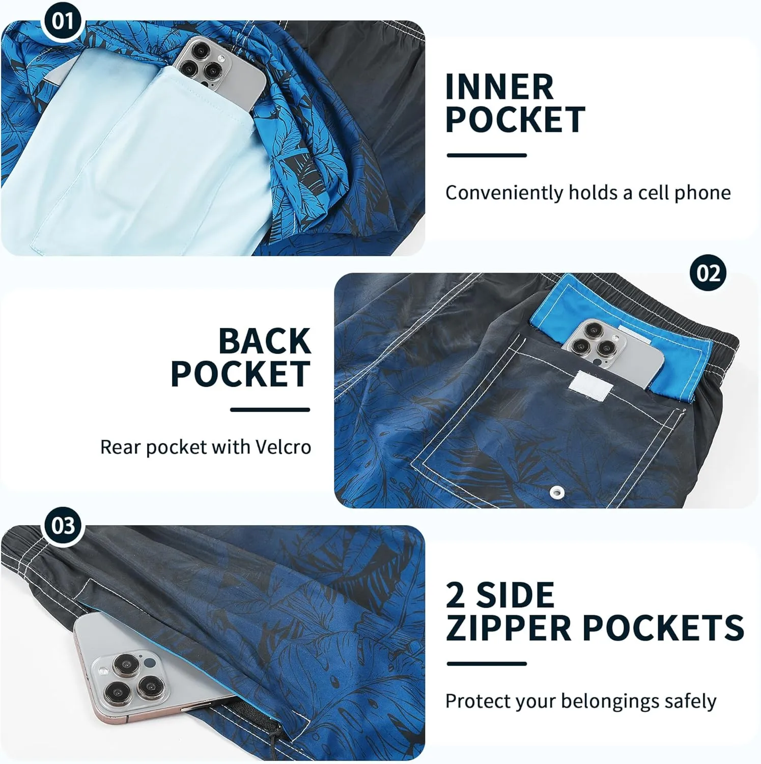 Mens Swim Trunks with Compression Liner 9" Built-in Board Shorts 2 in 1 Quick Dry Bathing Suits with Zipper Pockets
