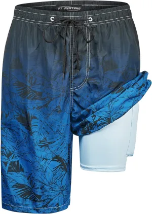 Mens Swim Trunks with Compression Liner 9" Built-in Board Shorts 2 in 1 Quick Dry Bathing Suits with Zipper Pockets