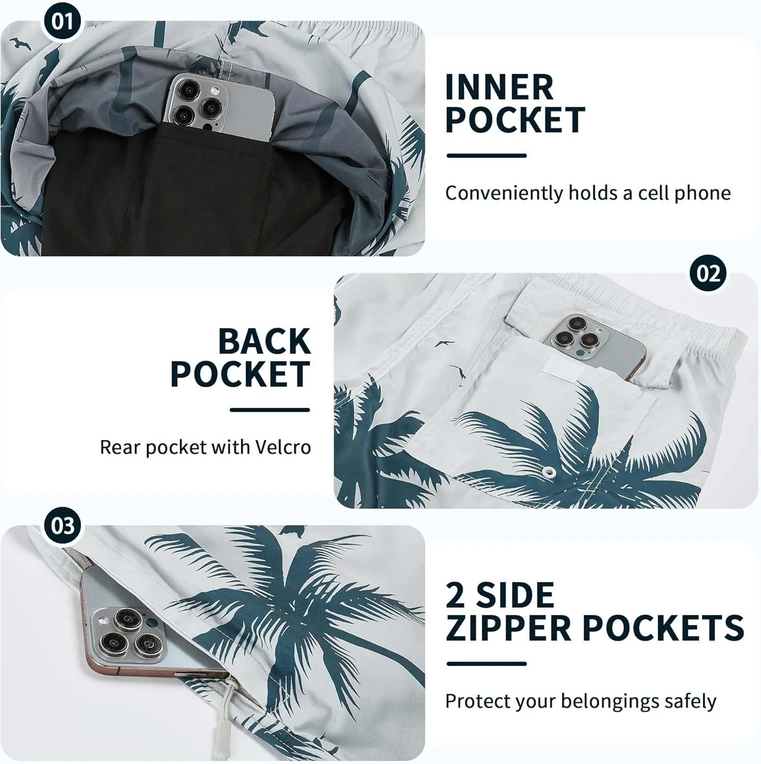 Mens Swim Trunks with Compression Liner 9" Built-in Board Shorts 2 in 1 Quick Dry Bathing Suits with Zipper Pockets