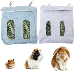 Meow&Woof 2 Pieces Rabbit Hay Bag, Rabbit Hay Feeder Bag, Guinea Pig Hay Feeding Device, Small Animals Feeding Sack for Rabbit, Chinchilla, Hamster, Green and Gray