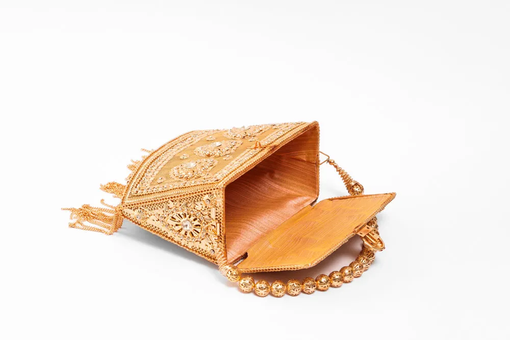 Metal Rectangle Rose Gold Bag with lite Acrylic Diamond Stone work & Hanging golden Tassels- With metal ball chain & Triangle Sides