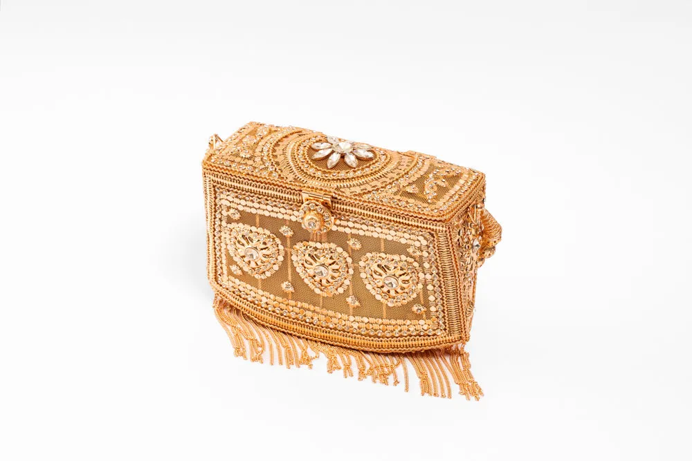 Metal Rectangle Rose Gold Bag with lite Acrylic Diamond Stone work & Hanging golden Tassels- With metal ball chain & Triangle Sides