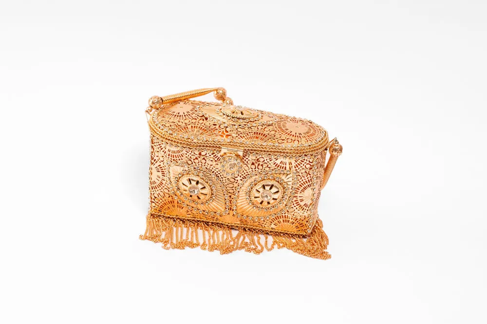 Metal Rectangle Rose Golden Bag with lite Acrylic Diamond Stone work & Tassels - With metal ball chain