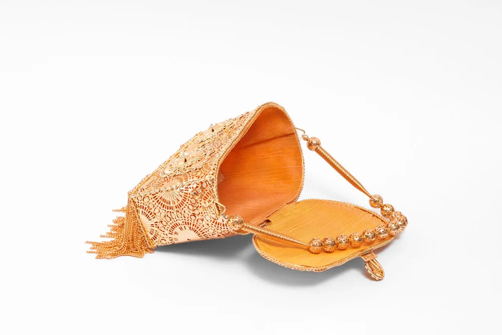 Metal Rectangle Rose Golden Bag with lite Acrylic Diamond Stone work & Tassels - With metal ball chain