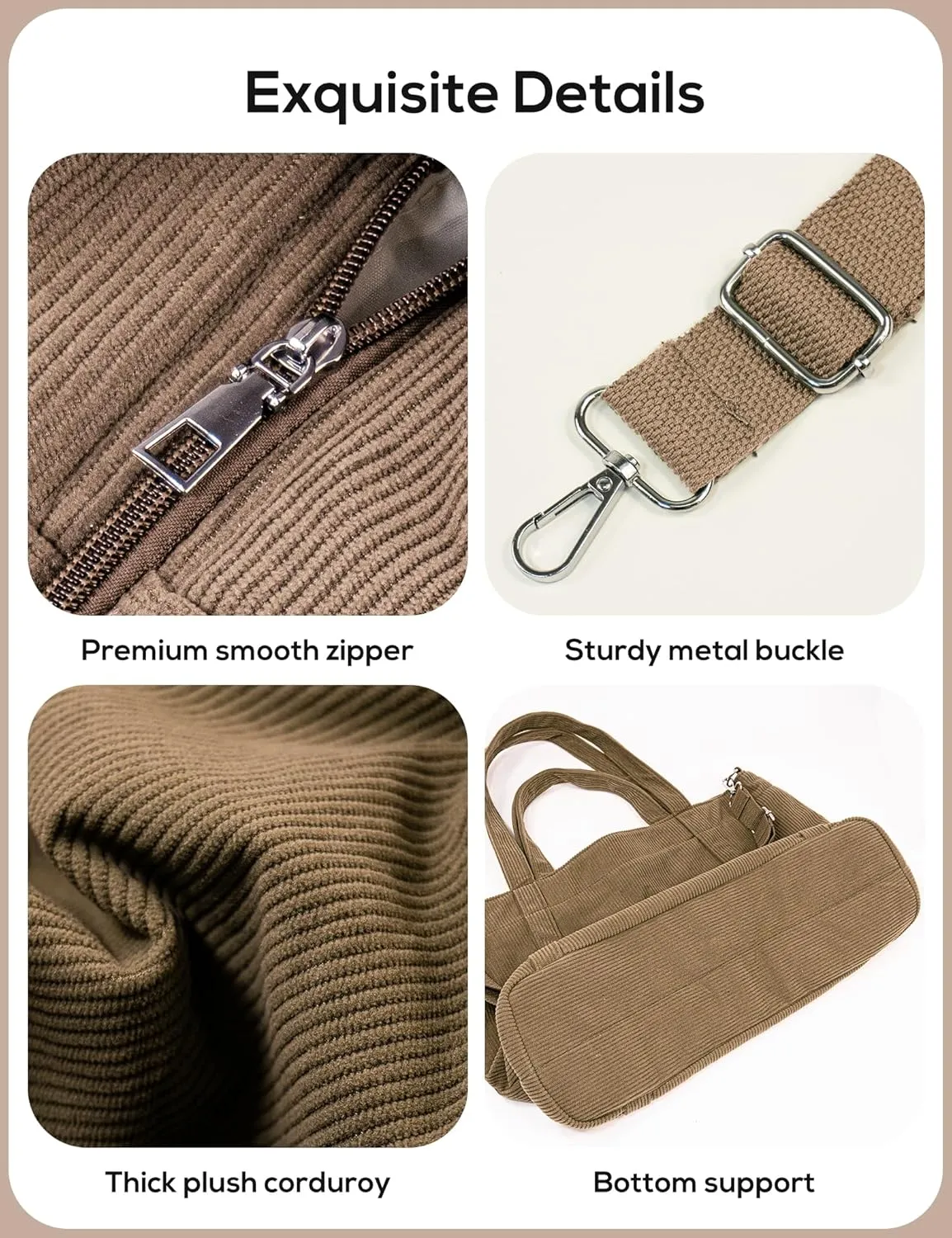 METALPHA Tote Bag for Women, Large Work Corduroy Tote Bags Zippered Messenger Travel Bag Shoulder Crossbody Hobo Handbags