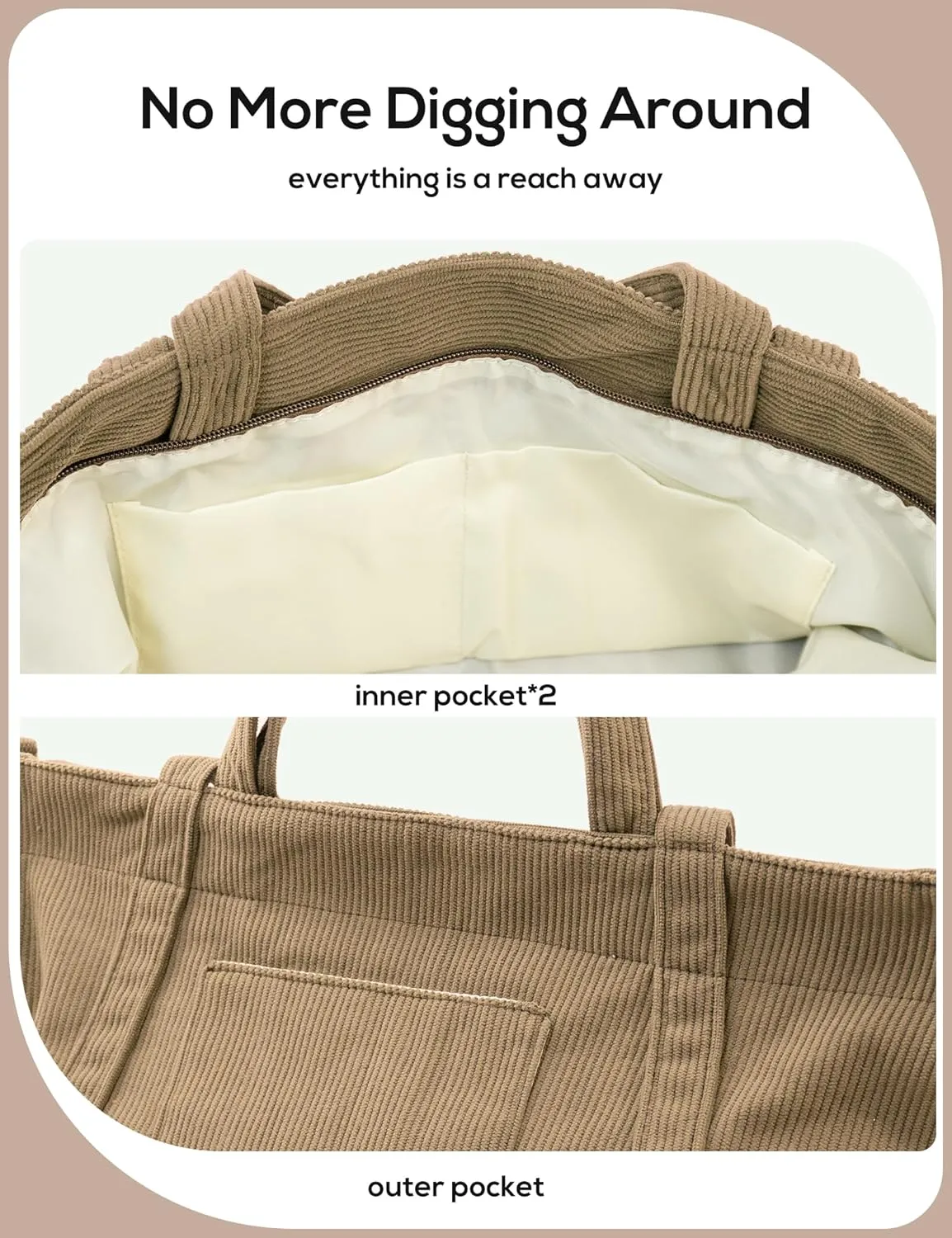 METALPHA Tote Bag for Women, Large Work Corduroy Tote Bags Zippered Messenger Travel Bag Shoulder Crossbody Hobo Handbags