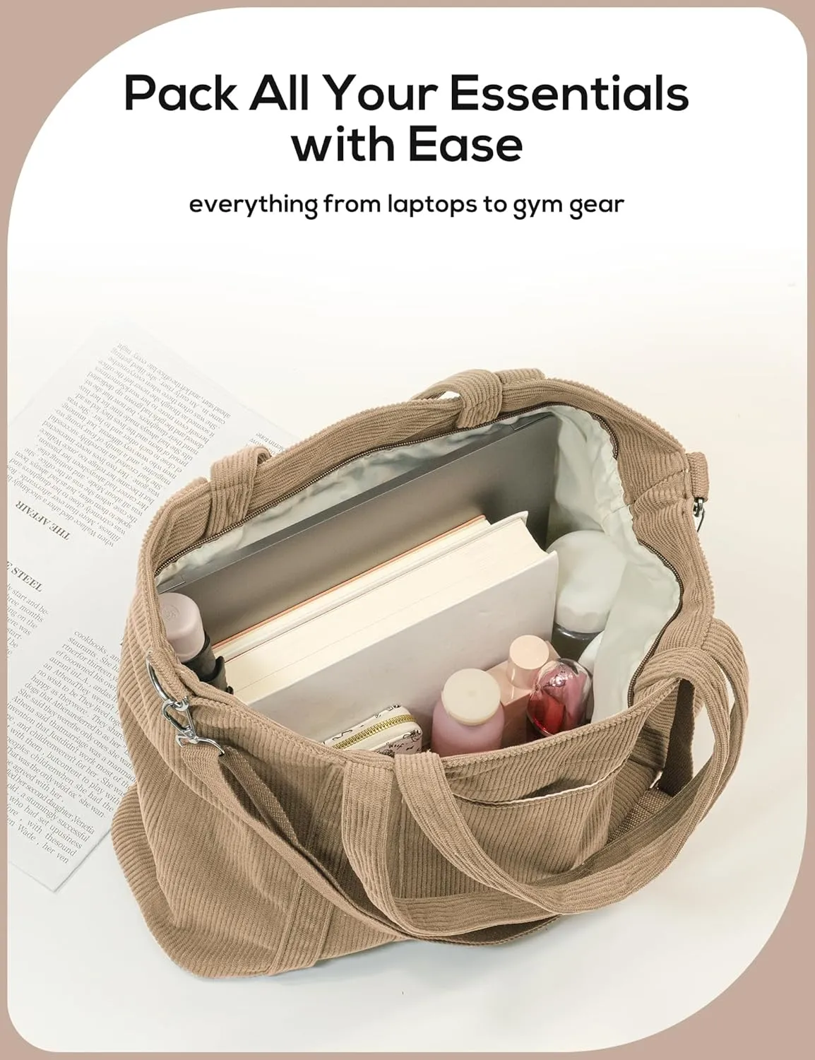 METALPHA Tote Bag for Women, Large Work Corduroy Tote Bags Zippered Messenger Travel Bag Shoulder Crossbody Hobo Handbags