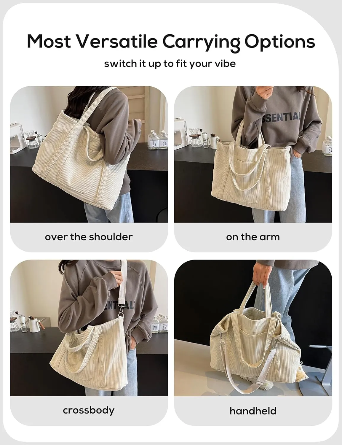 METALPHA Tote Bag for Women, Large Work Corduroy Tote Bags Zippered Messenger Travel Bag Shoulder Crossbody Hobo Handbags