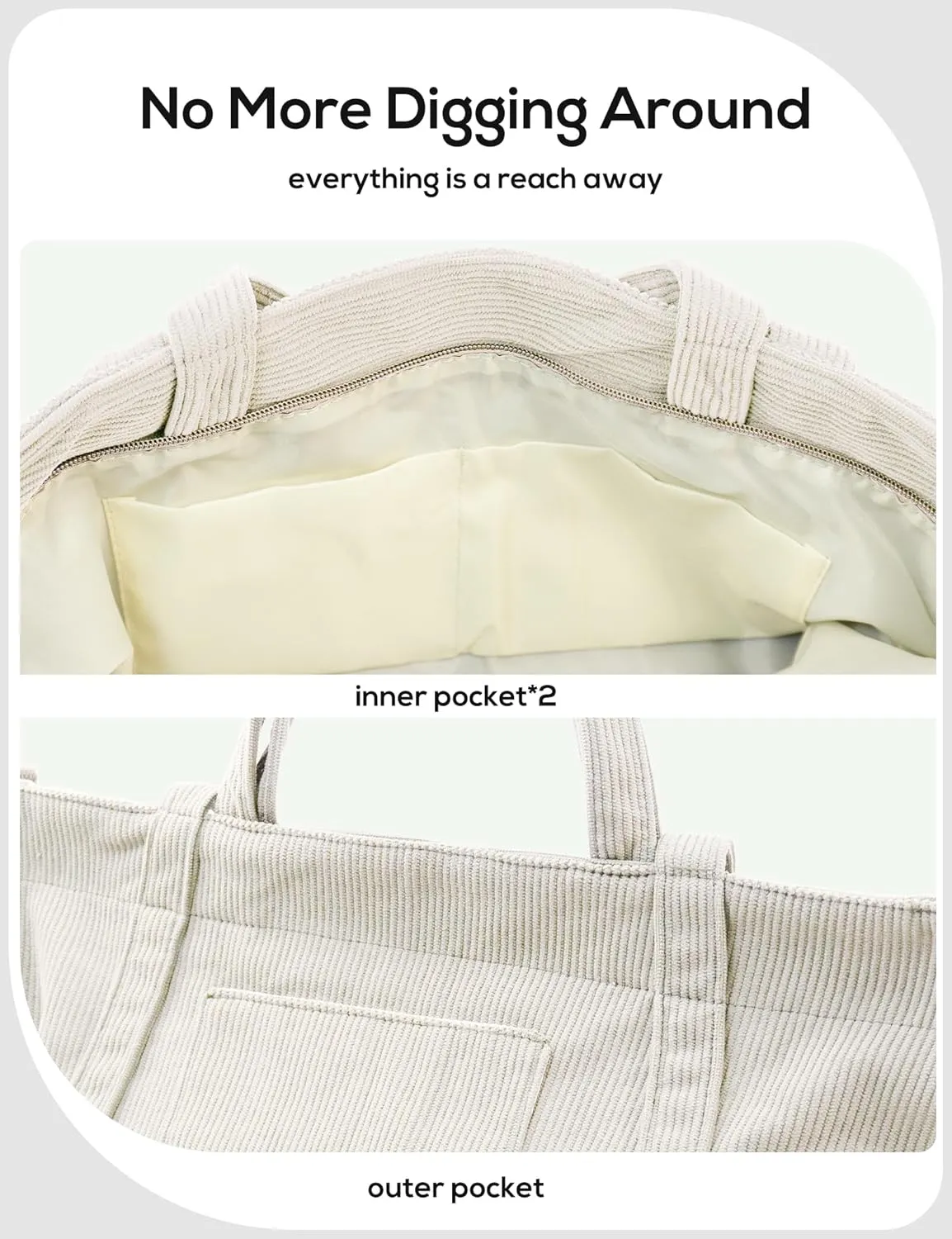 METALPHA Tote Bag for Women, Large Work Corduroy Tote Bags Zippered Messenger Travel Bag Shoulder Crossbody Hobo Handbags