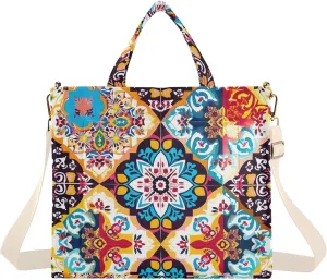 Mexican Ceramic Tile Corduroy Tote Bag for Women Hobo Crossbody Bag Purse Stylish Shoulder Handbag Messenger Bags, S