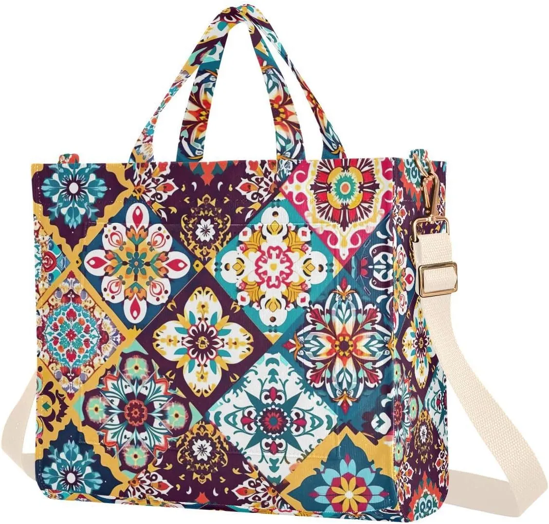 Mexican Ceramic Tile Corduroy Tote Bag for Women Hobo Crossbody Bag Purse Stylish Shoulder Handbag Messenger Bags, S