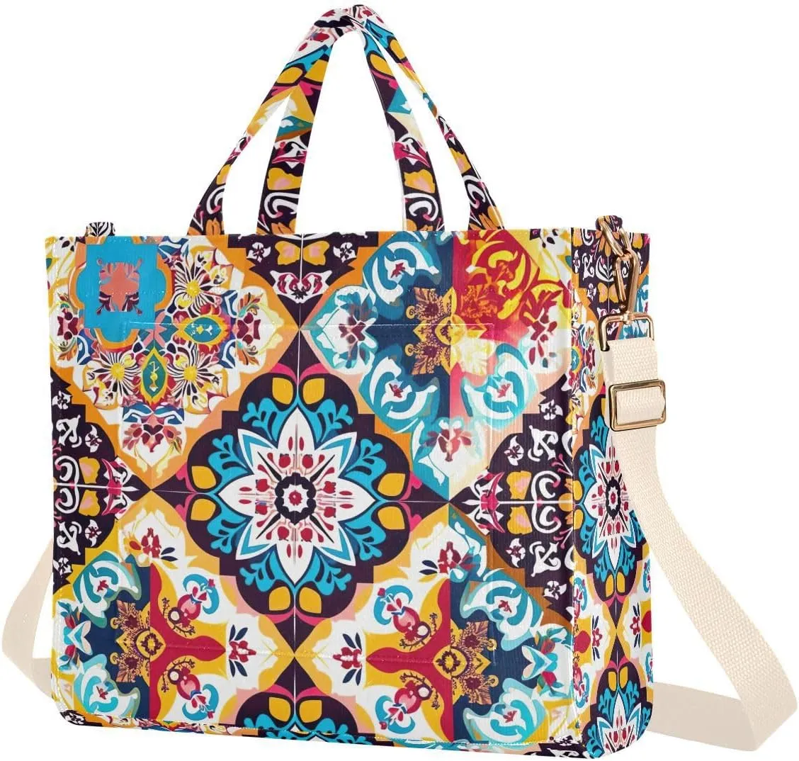 Mexican Ceramic Tile Corduroy Tote Bag for Women Hobo Crossbody Bag Purse Stylish Shoulder Handbag Messenger Bags, S