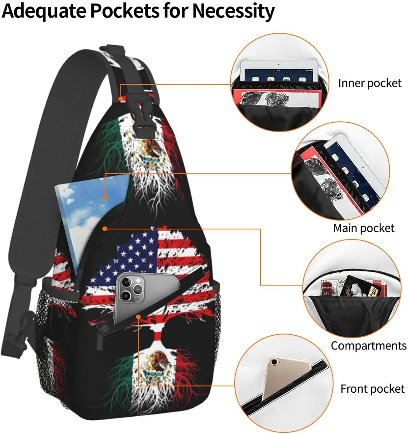 Mexican Mexico American Flag Mexico Grown Mexican Roots Chest Sling Bag Crossbody Shoulder Backpack Bag Gym Cycling Daypack Travel Hiking Cross Bag