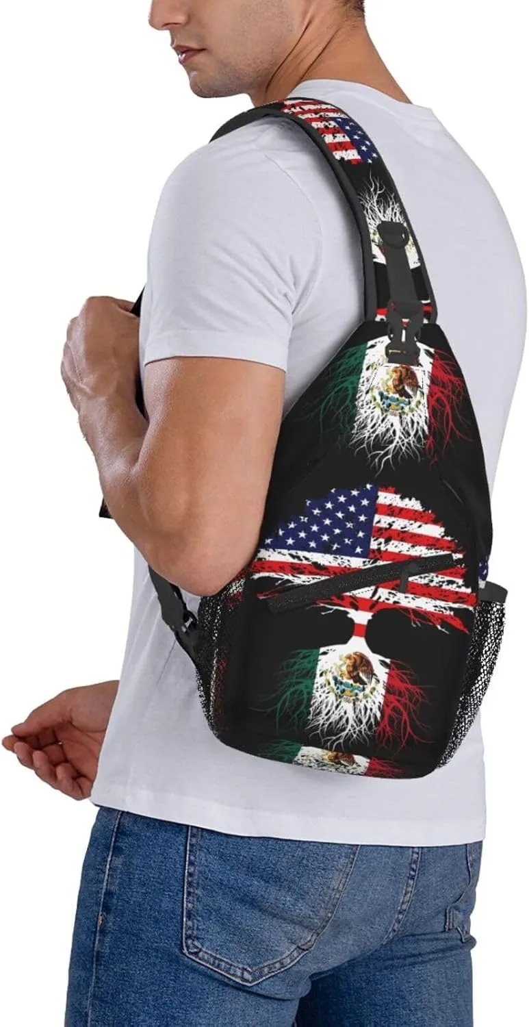 Mexican Mexico American Flag Mexico Grown Mexican Roots Chest Sling Bag Crossbody Shoulder Backpack Bag Gym Cycling Daypack Travel Hiking Cross Bag