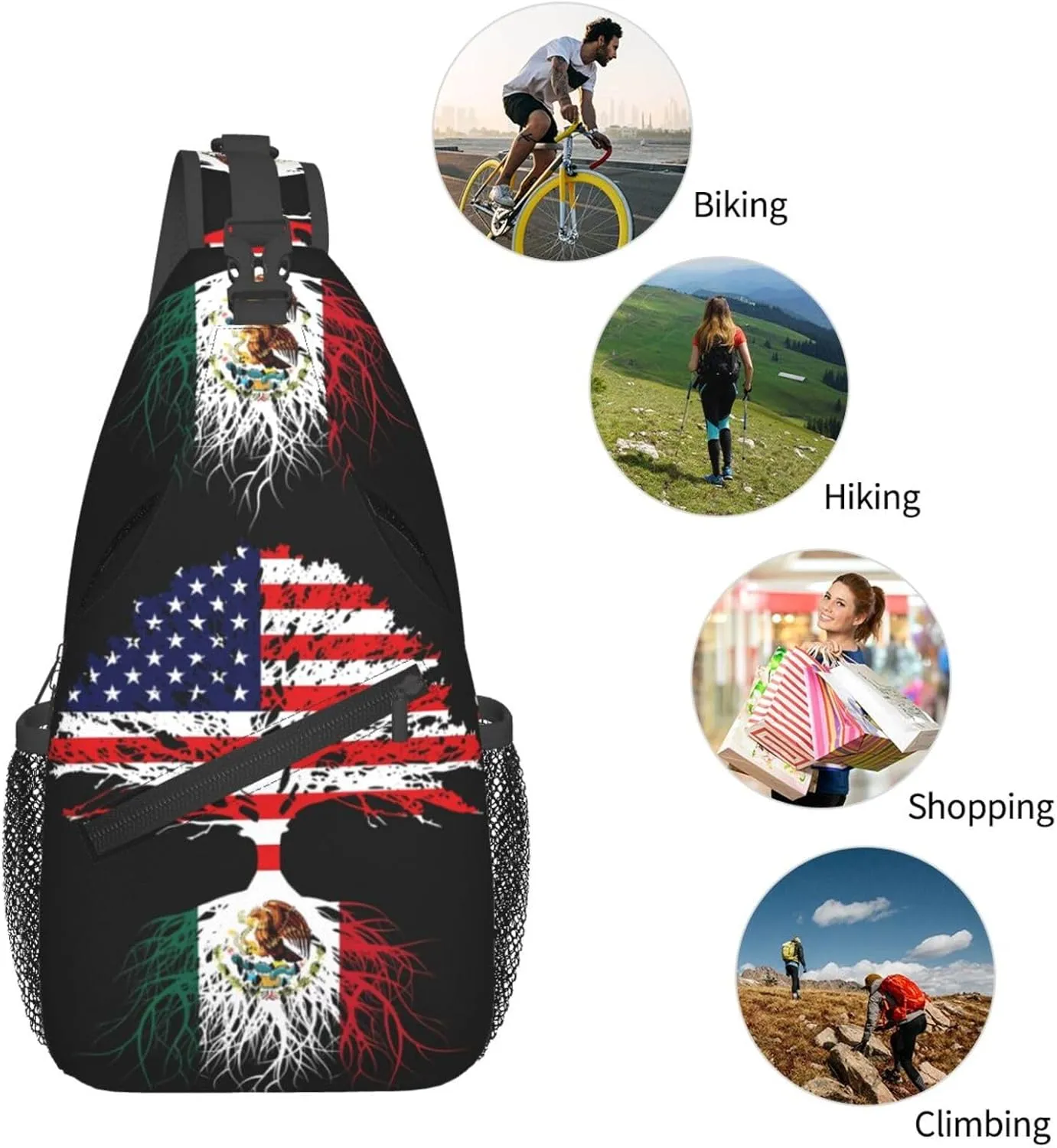 Mexican Mexico American Flag Mexico Grown Mexican Roots Chest Sling Bag Crossbody Shoulder Backpack Bag Gym Cycling Daypack Travel Hiking Cross Bag